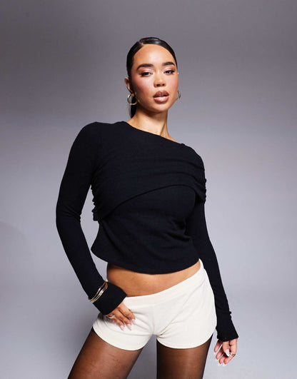 Draped Cozy Supersoft Long Sleeve Slash Neck Top