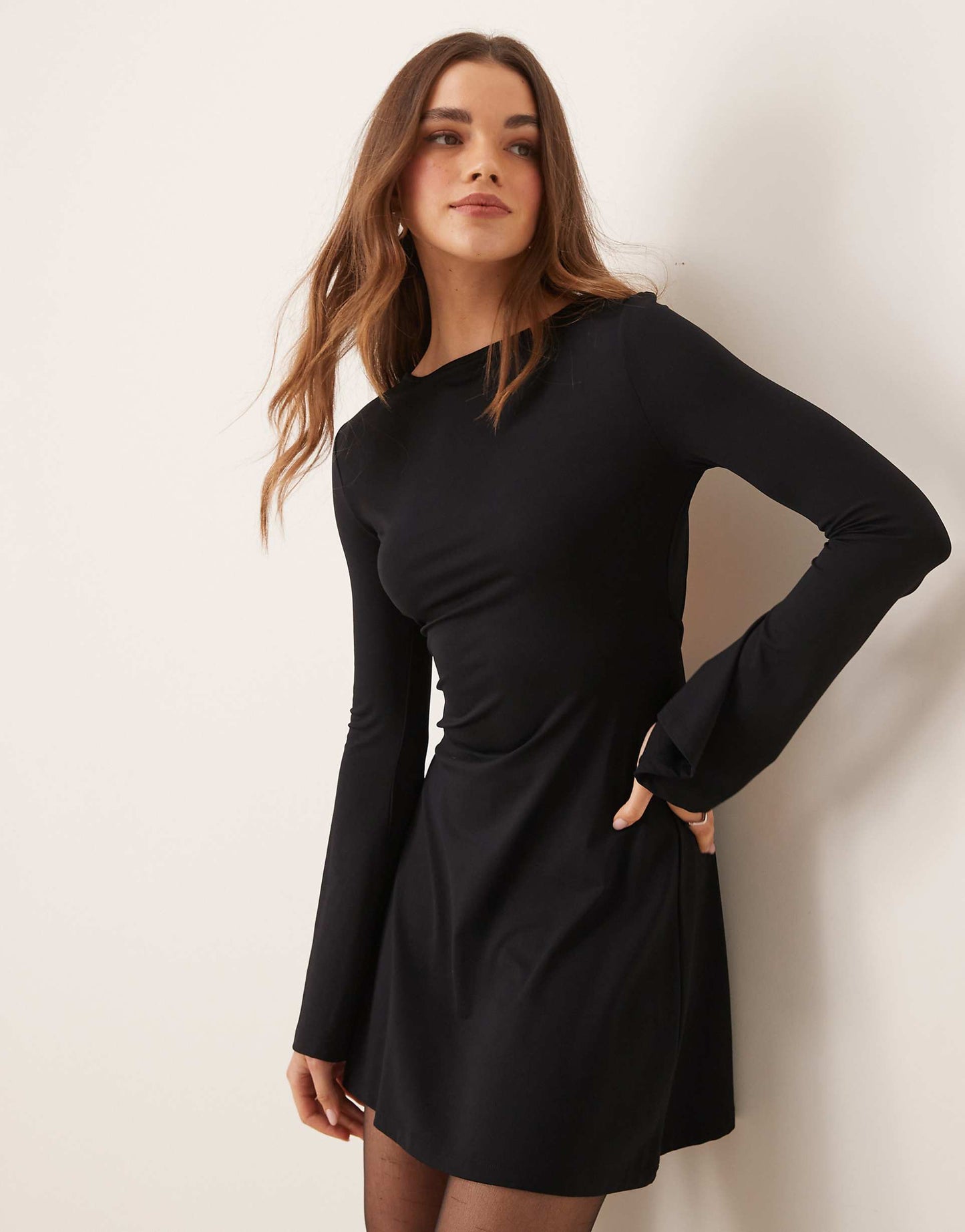 Slash Neck Flute Sleeve Mini Dress With Back Detail