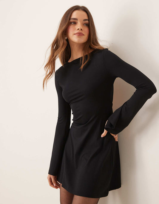 Slash Neck Flute Sleeve Mini Dress With Back Detail