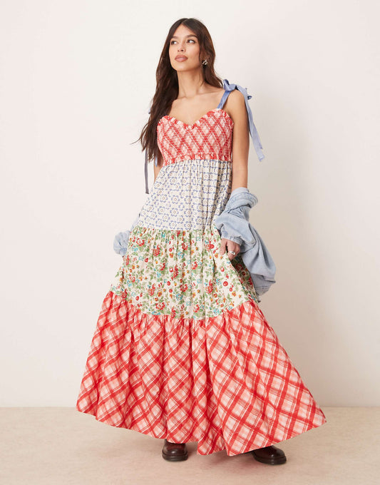 Bluebell Multi Print Ribbon-Tie Maxi Dress