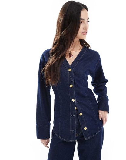Collarless V Neck Denim Shirt