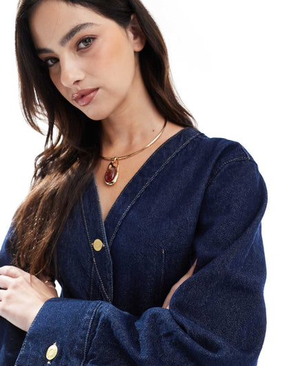 Collarless V Neck Denim Shirt