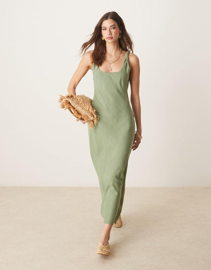 Linen Look Twist Strap Bias Maxi Dress