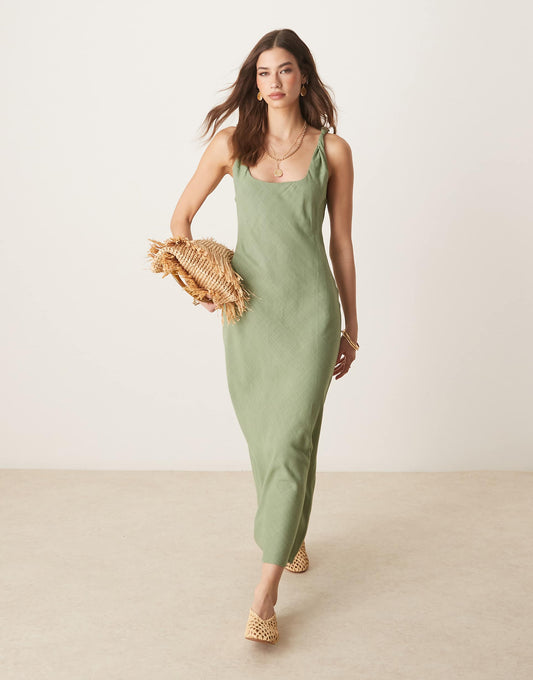 Linen Look Twist Strap Bias Maxi Dress
