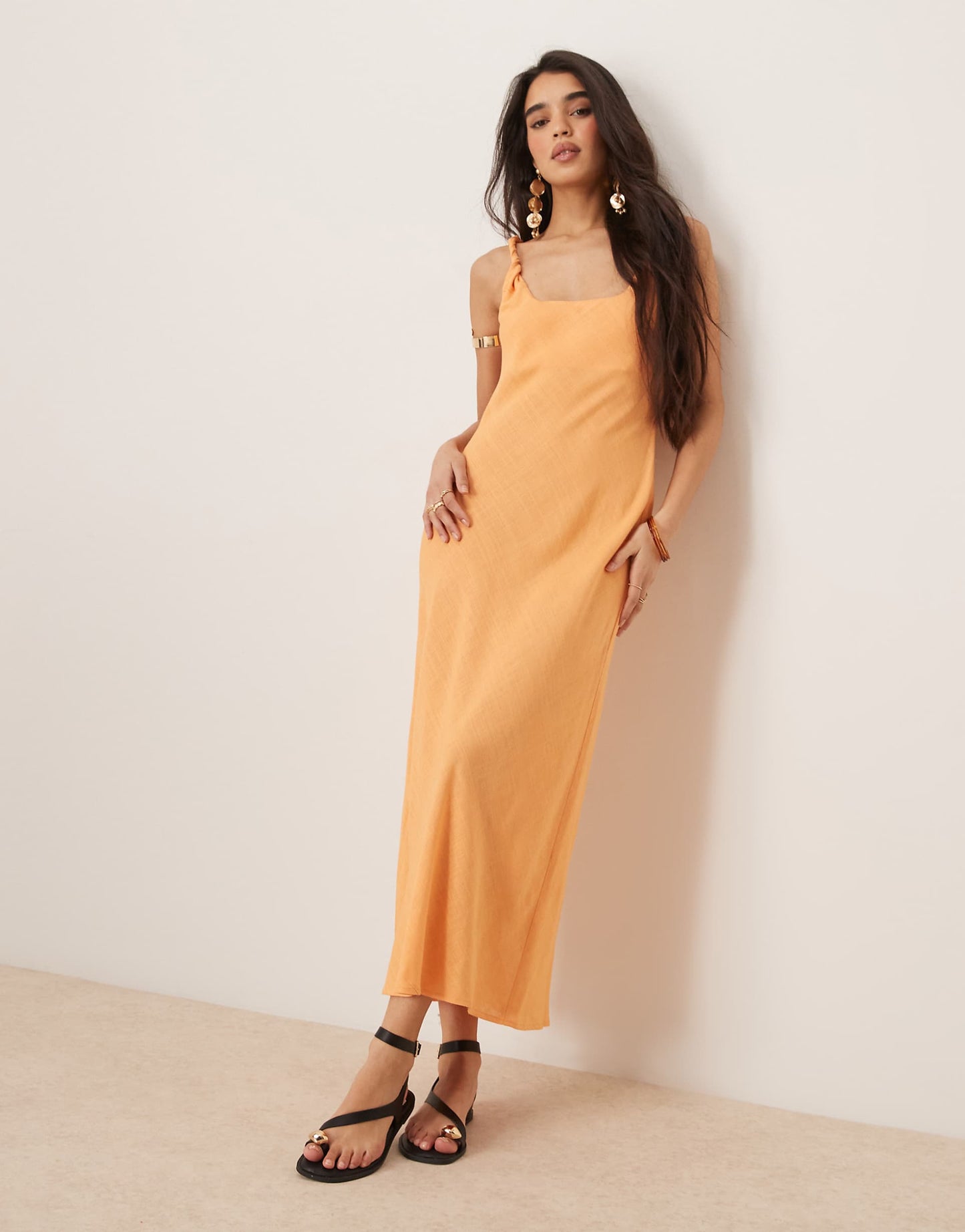 Linen Look Twist Strap Bias Maxi Dress