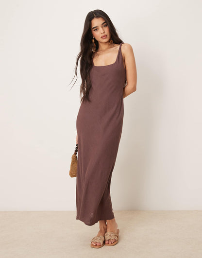 Linen Look Twist Strap Bias Maxi Dress