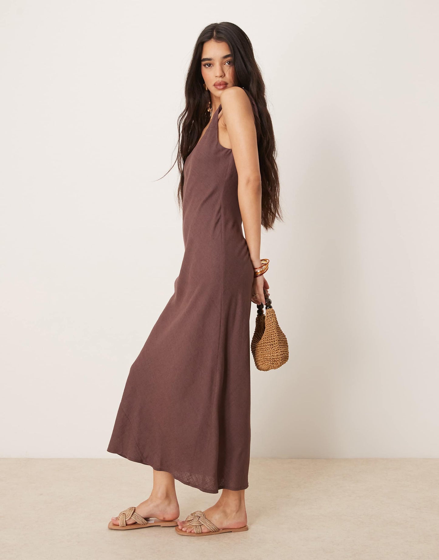 Linen Look Twist Strap Bias Maxi Dress