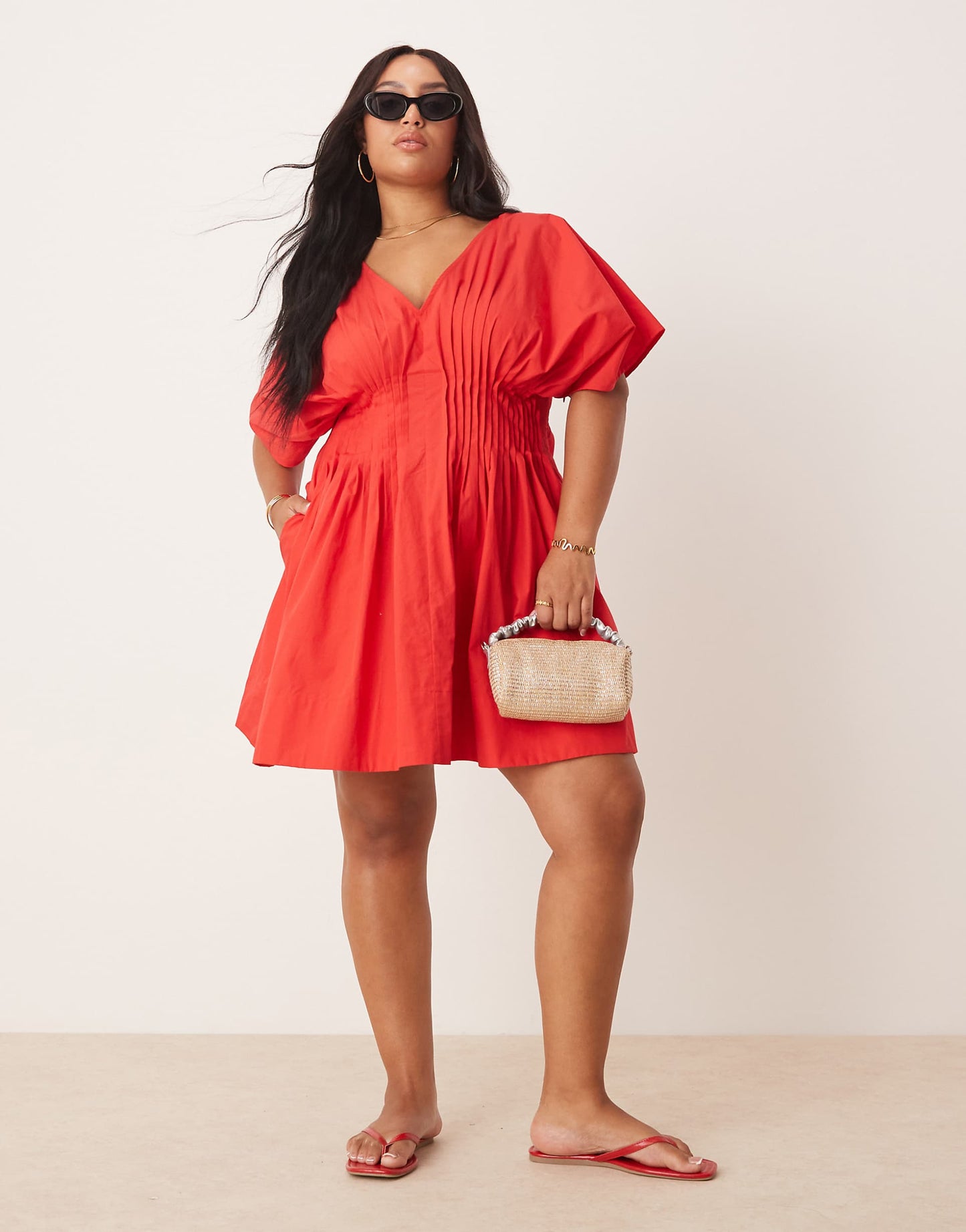Curve V Neck Short Sleeve Mini Dress With Narrow Pintucks