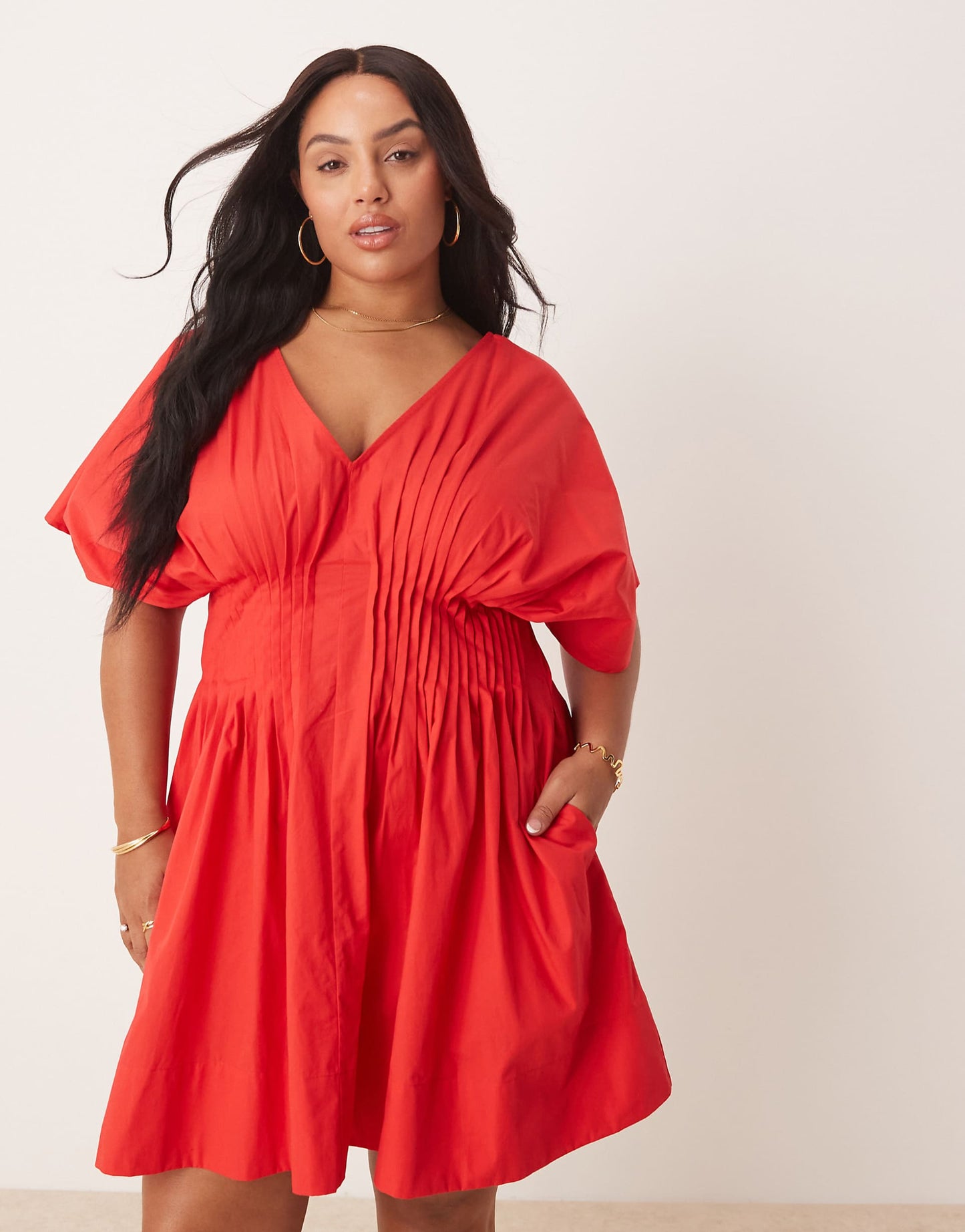 Curve V Neck Short Sleeve Mini Dress With Narrow Pintucks