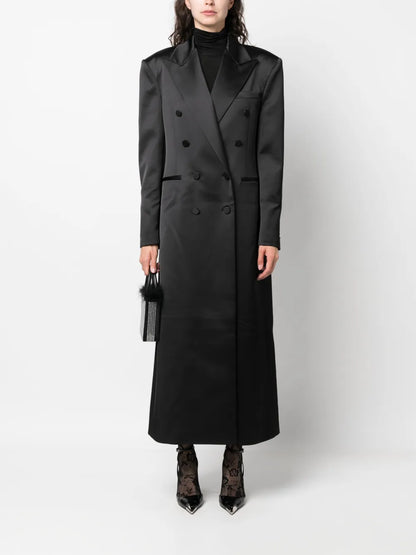 Satin-Finish Double-Breasted Maxi Coat