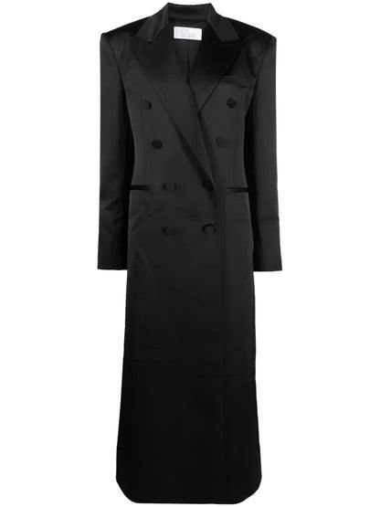 Satin-Finish Double-Breasted Maxi Coat