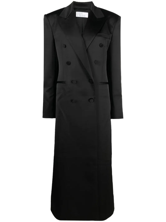 Satin-Finish Double-Breasted Maxi Coat