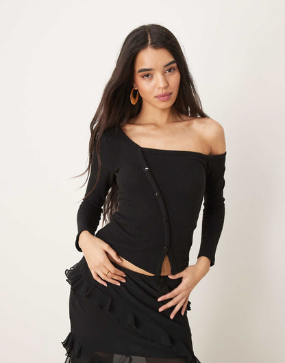 Asymmetric Off Shoulder Button Through
