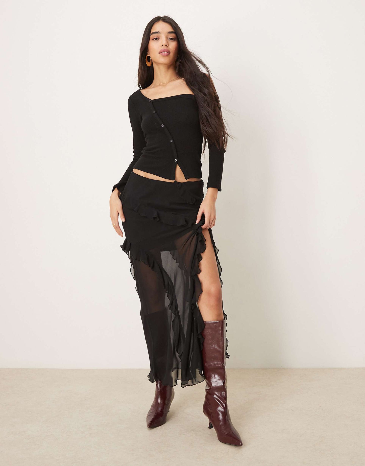 Asymmetric Off Shoulder Button Through