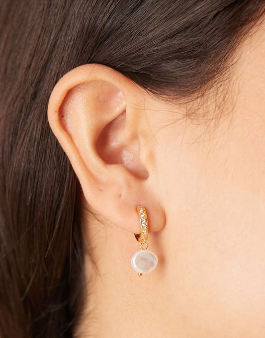 Pave & Faux Pearl Drop Hoop Earrings