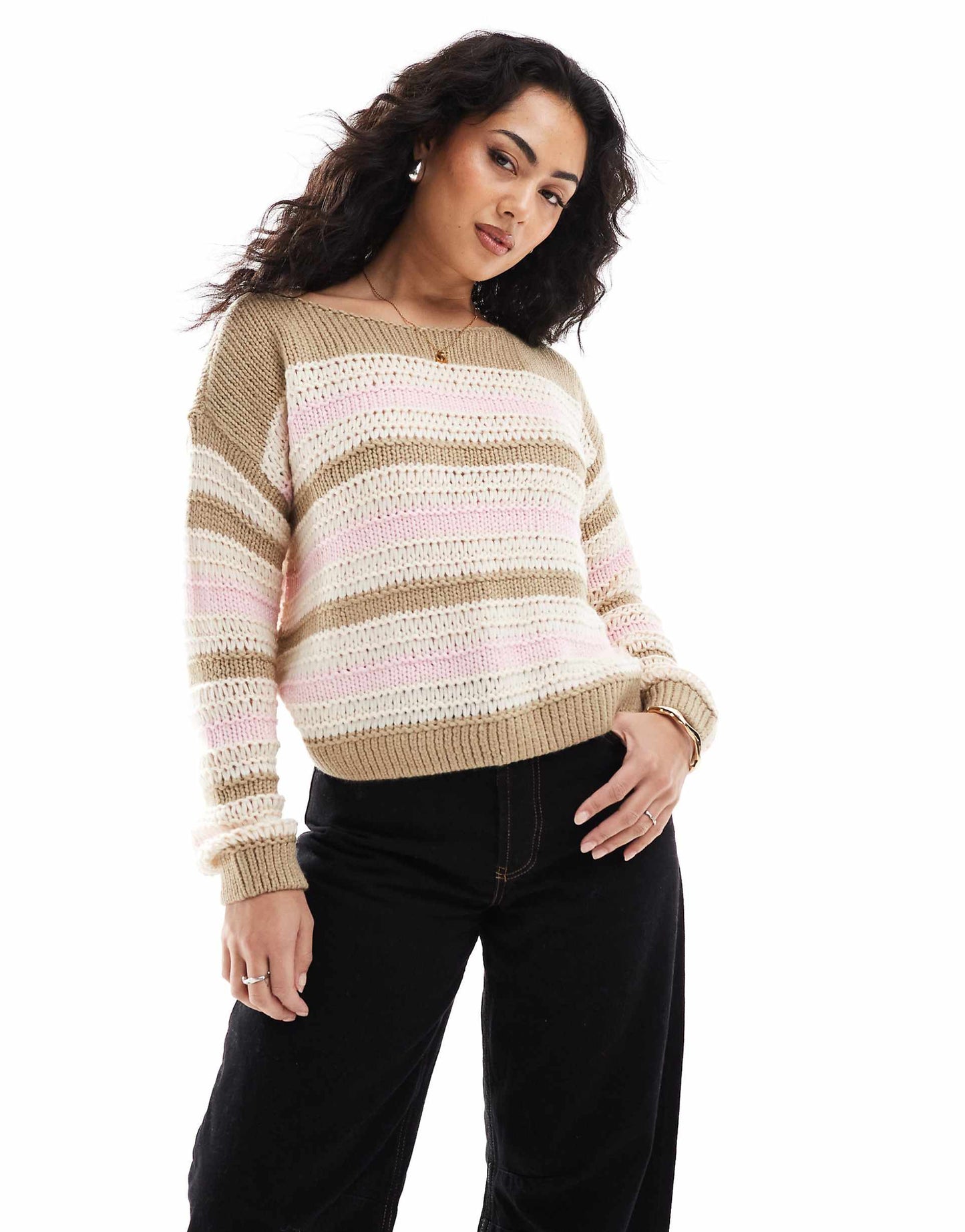 Contrast Slouchy Off Shoulder Knit