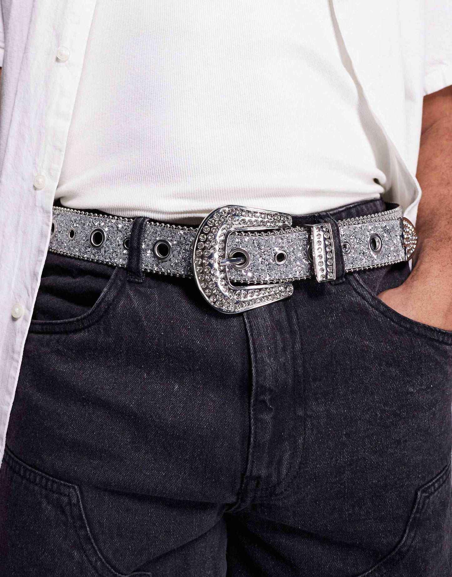 Silver Glitter Trophy Belt With Eyelets And Diamante Buckle