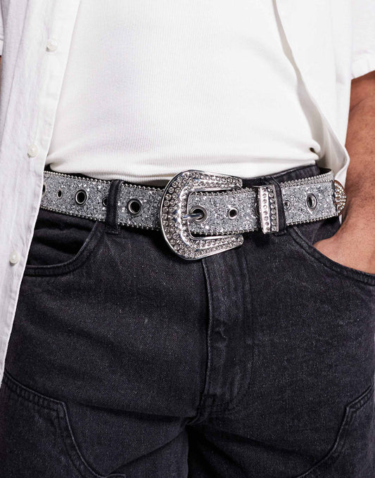 Silver Glitter Trophy Belt With Eyelets And Diamante Buckle