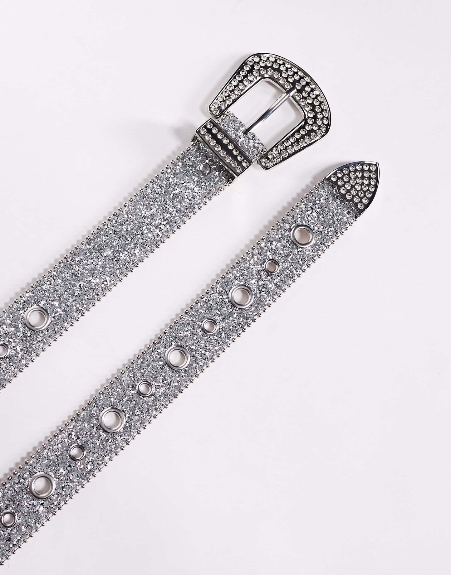 Silver Glitter Trophy Belt With Eyelets And Diamante Buckle