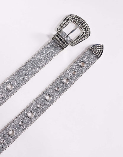 Silver Glitter Trophy Belt With Eyelets And Diamante Buckle