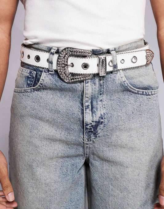 White Glitter And Diamante Eyelet Studded Trophy Belt