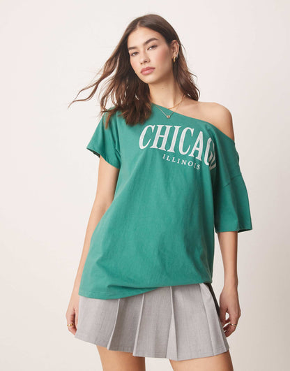 Slash Neck T-Shirt With Chicago Print