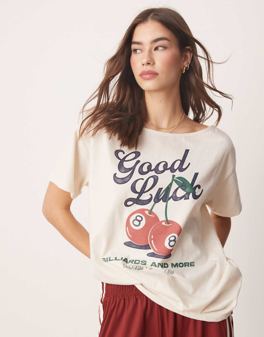 Slash Neck T-Shirt With Lucky Cherry Print