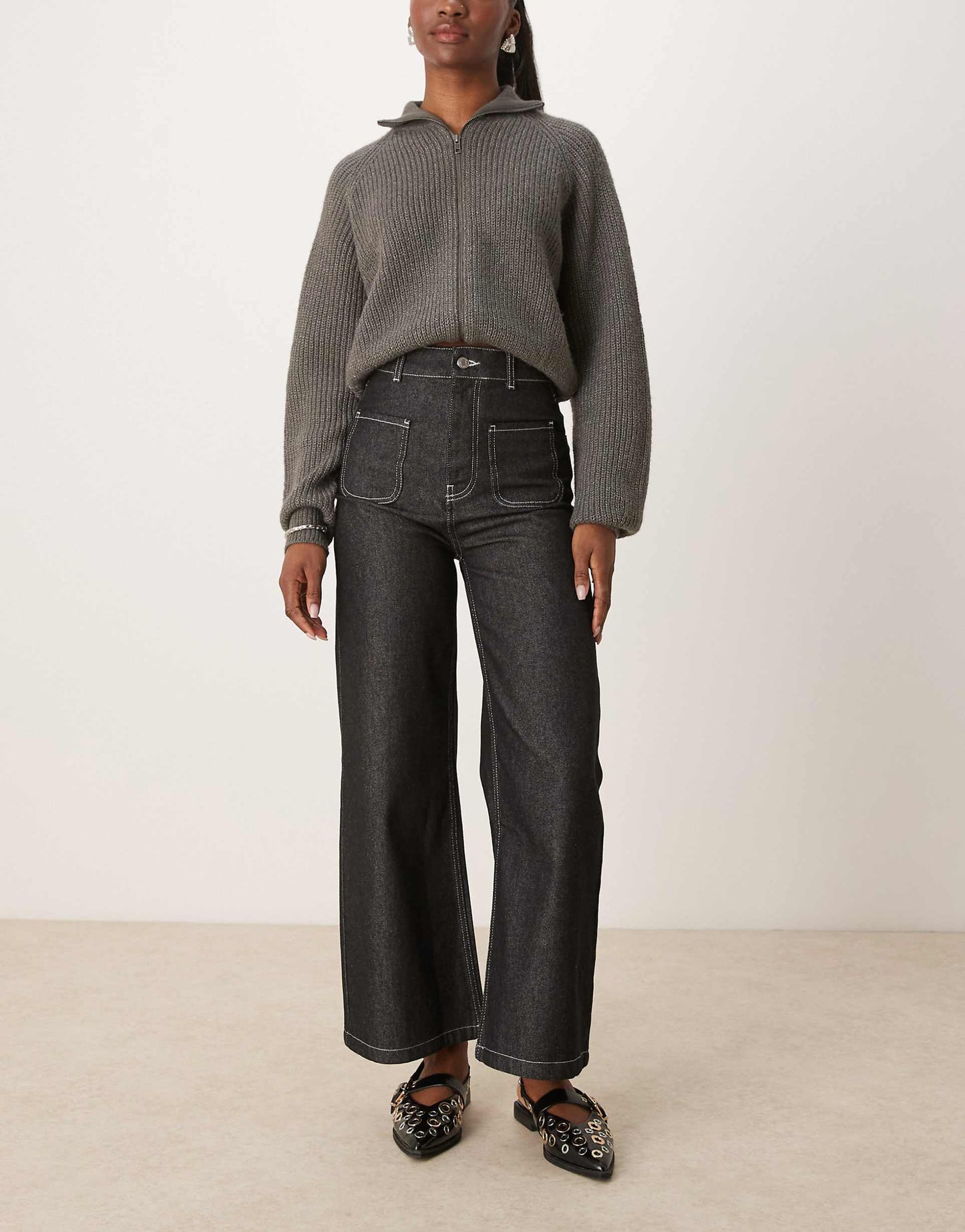 Patch Pocket Wide Leg Cropped Jean With Contrast Stitch