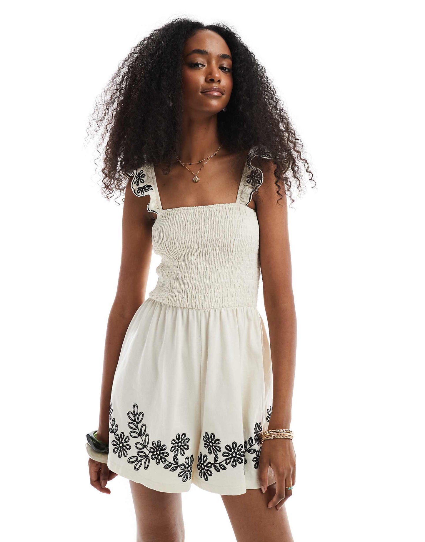 Embroidered Frill Sleeve Playsuit