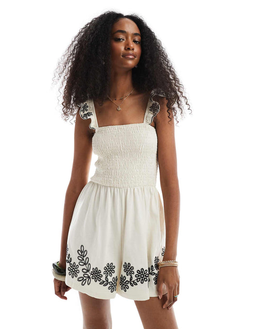 Embroidered Frill Sleeve Playsuit
