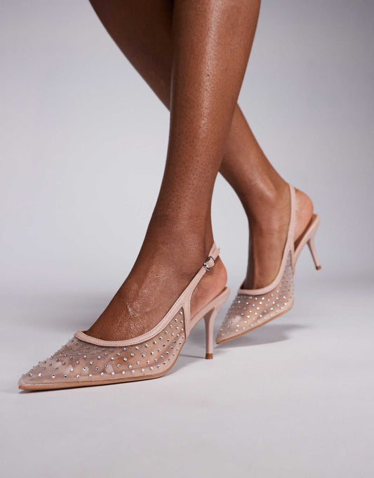 Mesh Diamante Slingback Court Heel