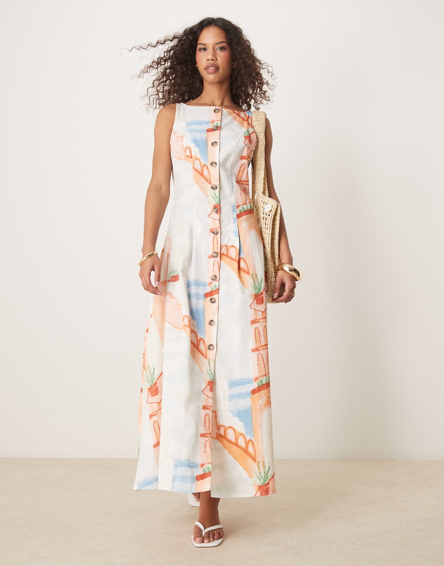Slash Neck Button Down Waistcoat Maxi Dress