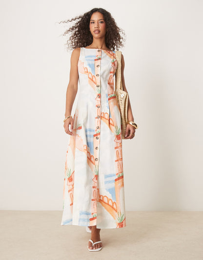 Slash Neck Button Down Waistcoat Maxi Dress