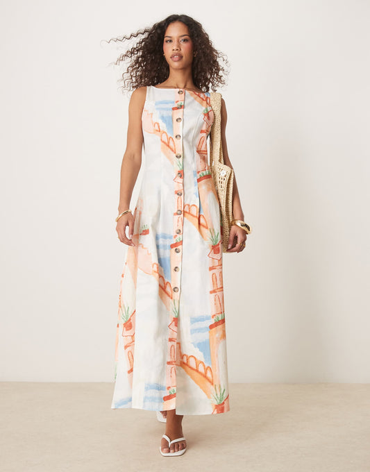 Slash Neck Button Down Waistcoat Maxi Dress