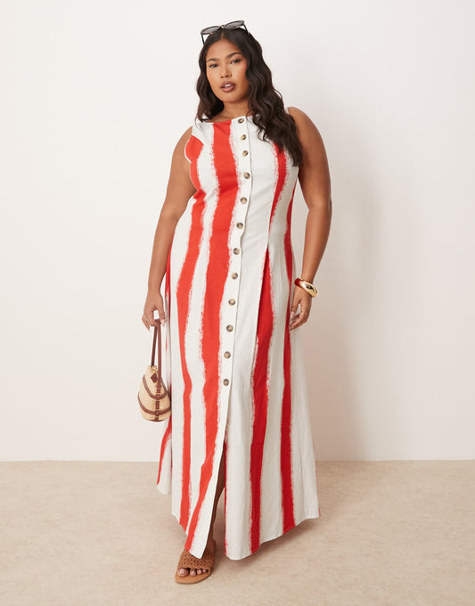 Curve Slash Neck Button Down Waistcoat Maxi Dress