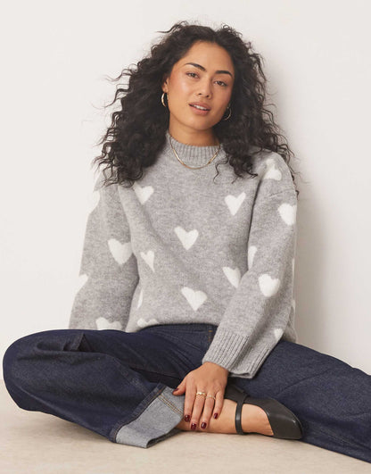 Crew Neck Knitted Jumper With Hearts