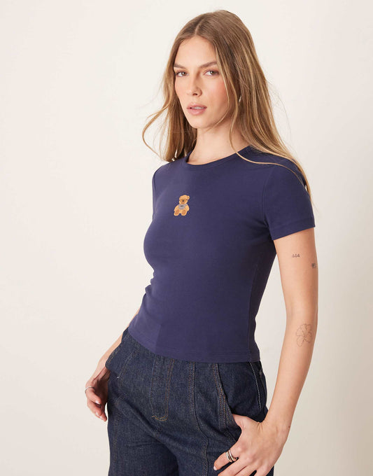 Short Sleeve Slim Fit Top With Teddy Bear Graphic