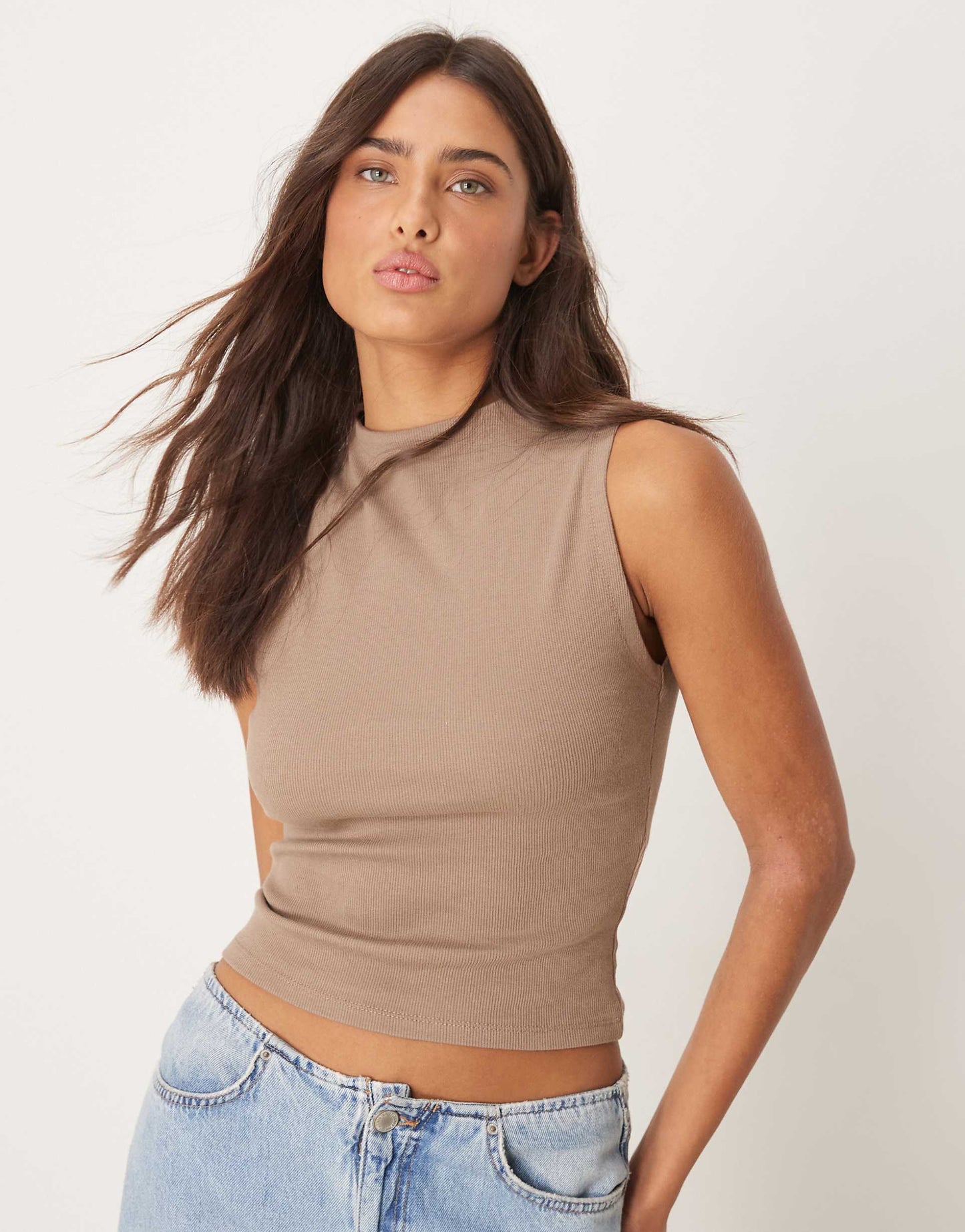 Jersey Sleeveless Funnel Neck Top