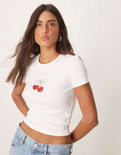 Short Sleeve Slim Fit Top With Cherry Graphic