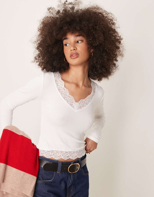 Long Sleeve Lace V Neck Top
