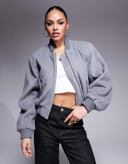 Shoulder Pad Wool Look Bomber Jacket
