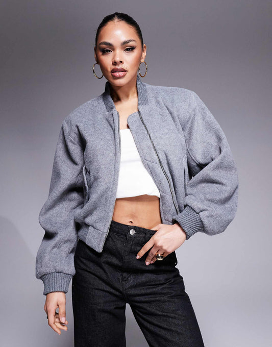 Shoulder Pad Wool Look Bomber Jacket