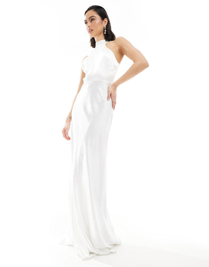 Bridal Halter Neck Satin Maxi Dress
