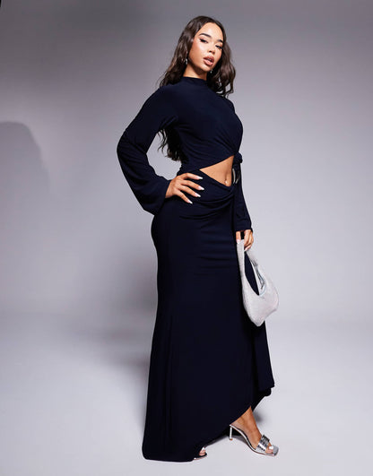 High Neck Knotted Detail With Long Sleeve Maxi Dress With Oversized Trim