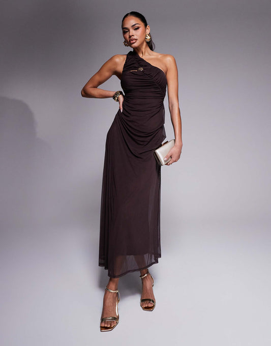 One Shoulder Mesh Midi Dress With Slash Front Trim Detail And Cowl Draped Skirt