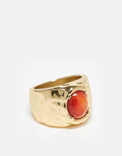 Wide Molten Ring With Amber Stone