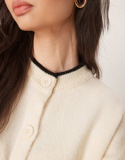 Knitted Crew Neck Cardigan With Tipping Detail