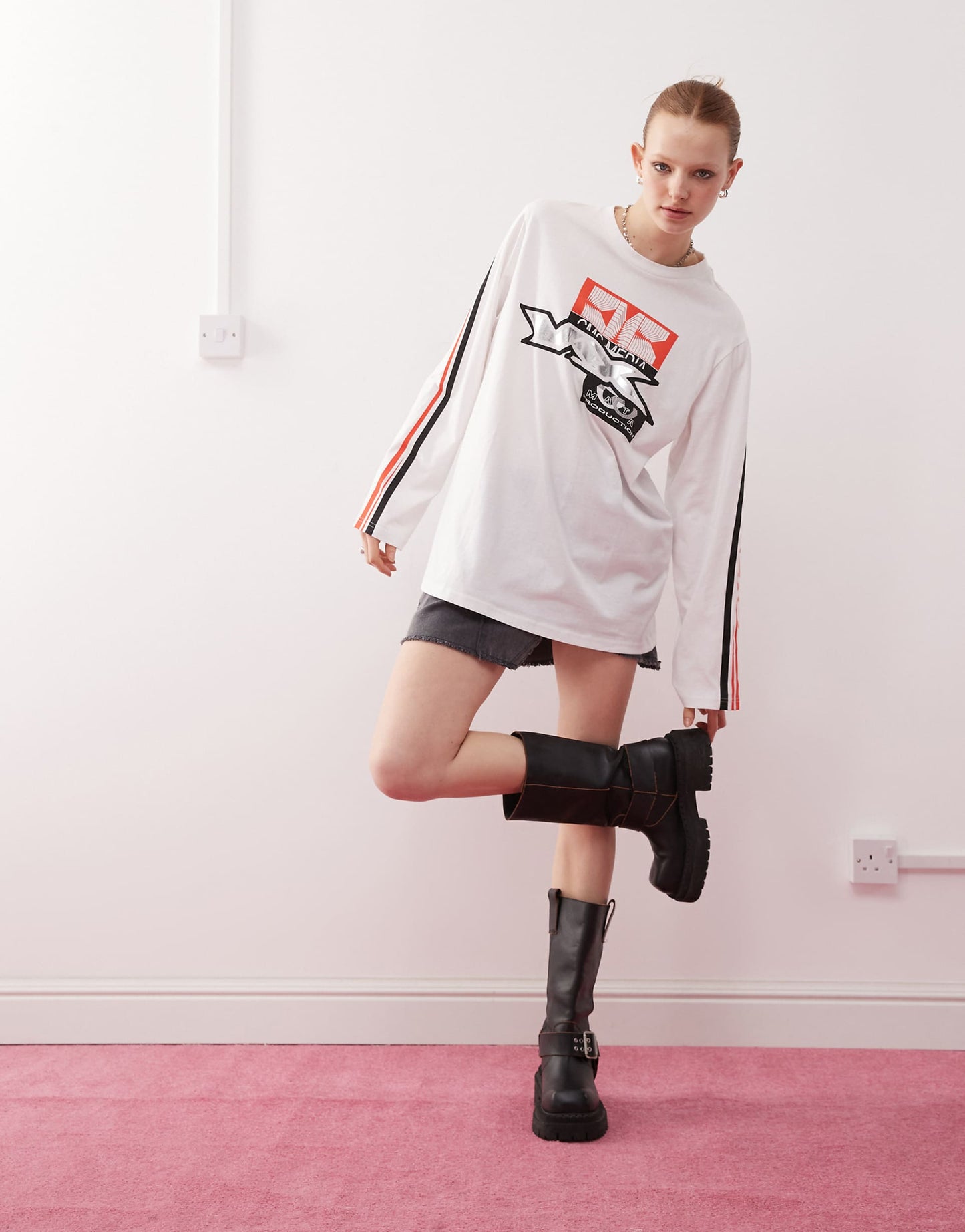 Oversized Long Sleeve Top With Motocross Print