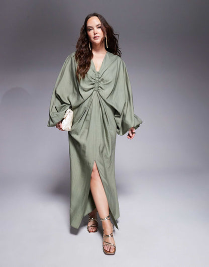 Curve Plunge Elasticated Maxi Dress With Blouson Sleeve