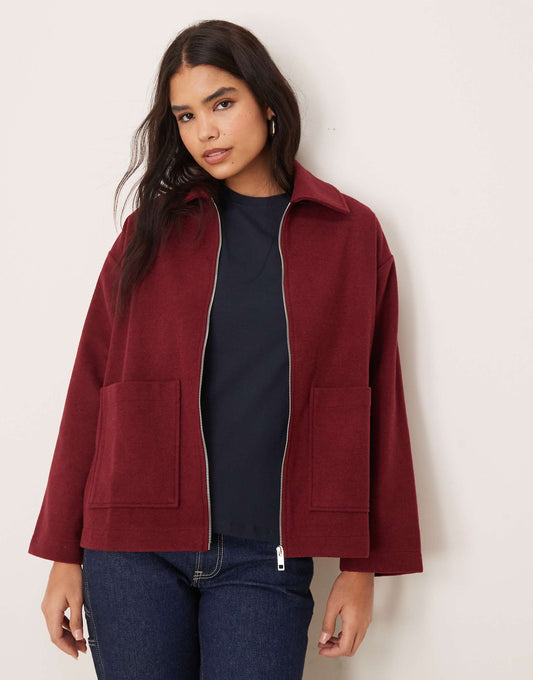 Wool Look Zip Through Jacket With Pockets